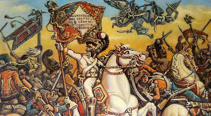 Oil painting Battle Daniil Litvinov: red gold banner above mounted soldier
