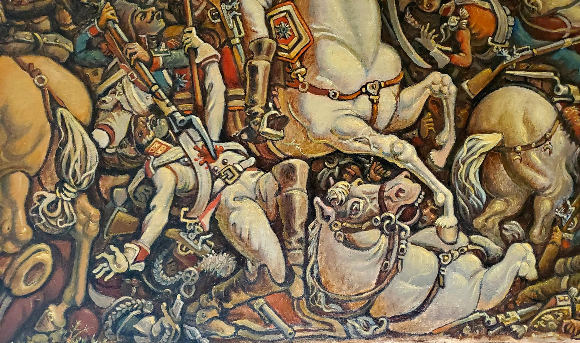 Oil painting Battle by Daniil Litvinov: chaotic cavalry mural