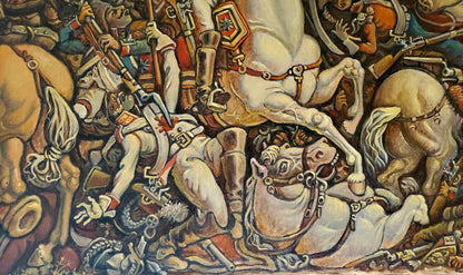 Oil painting Battle by Daniil Litvinov: chaotic cavalry mural