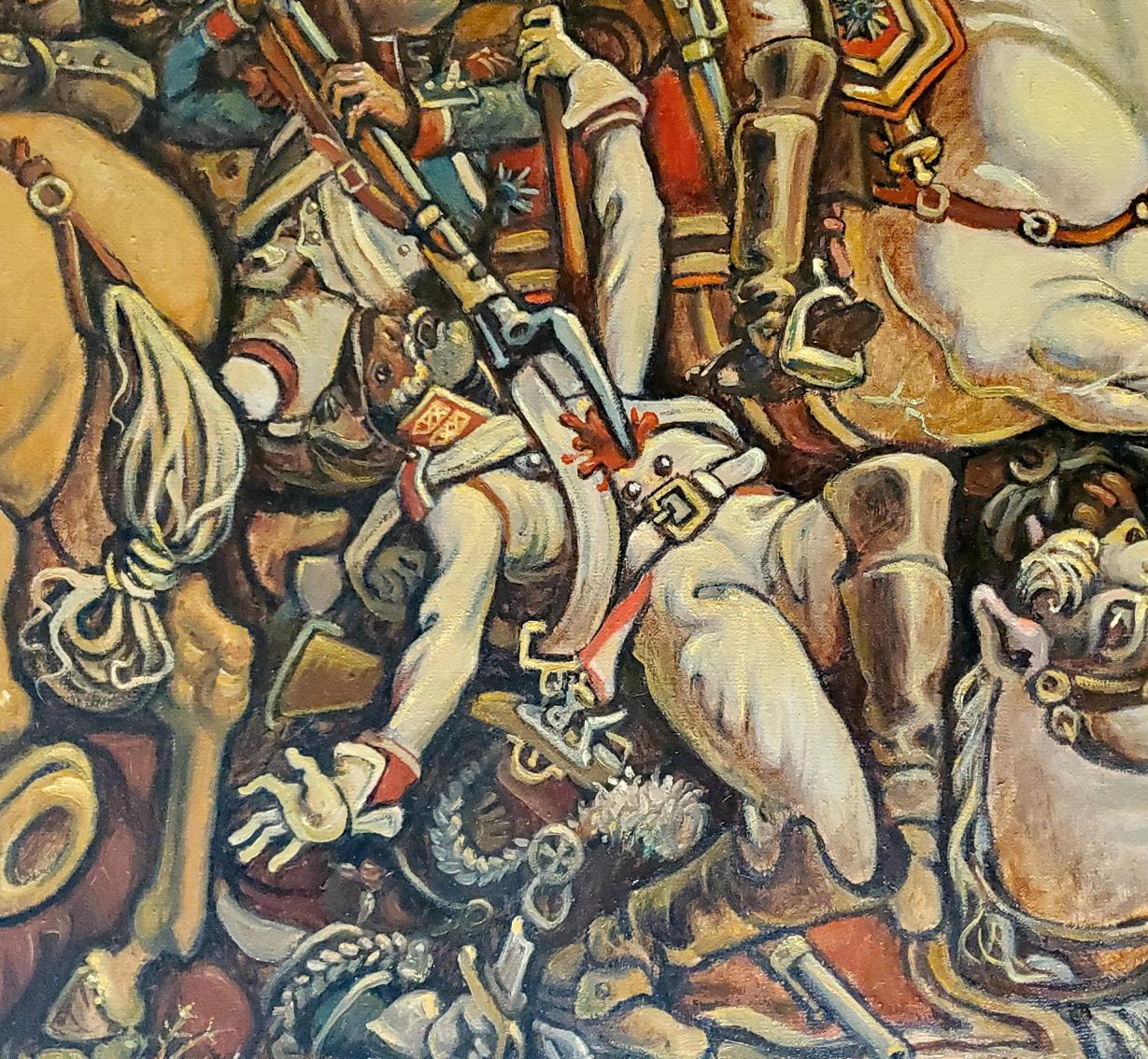 Oil painting Battle by Daniil Litvinov: white armored soldier on horseback