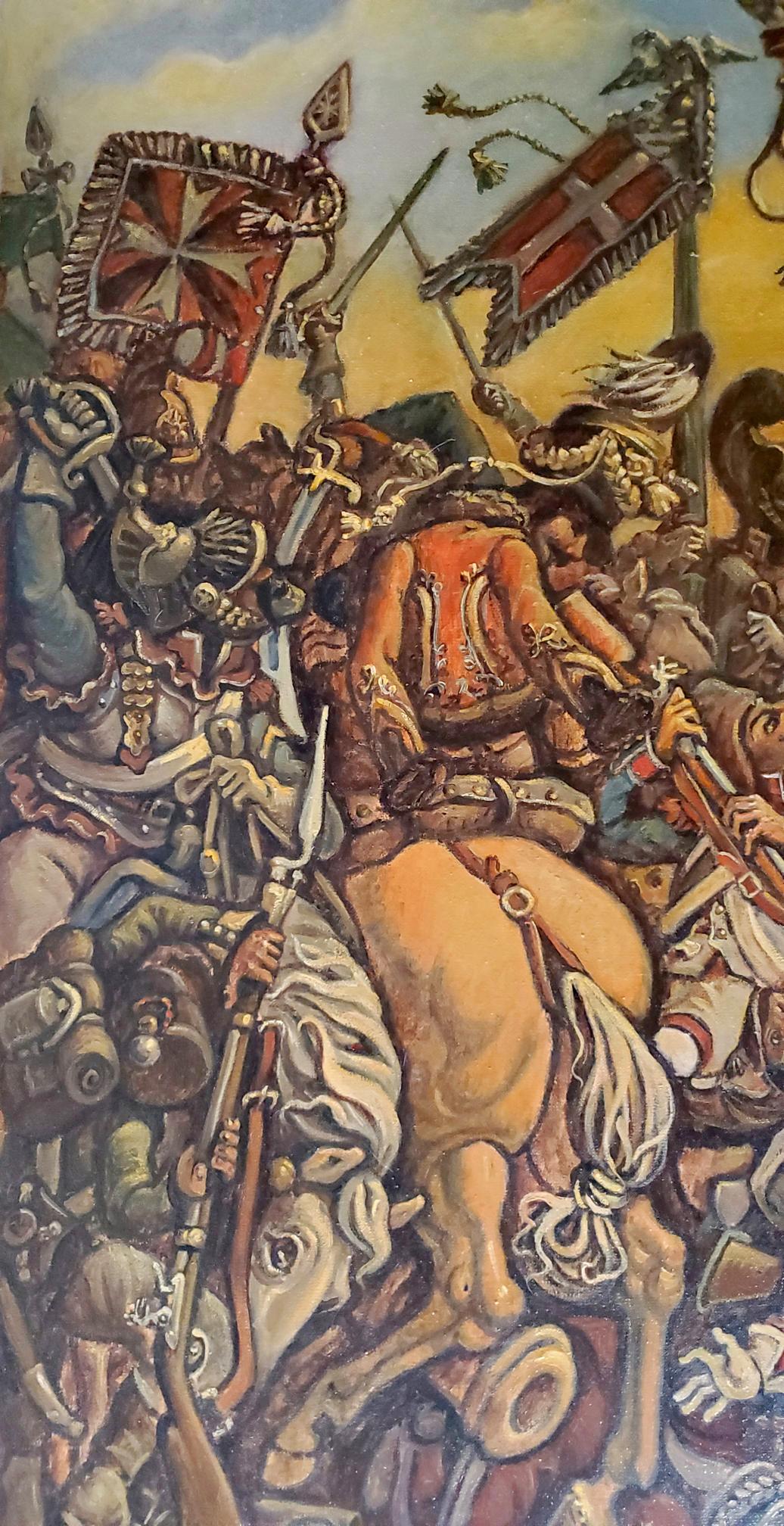 Oil painting Battle by Daniil Litvinov: knight on white horse in battlefield
