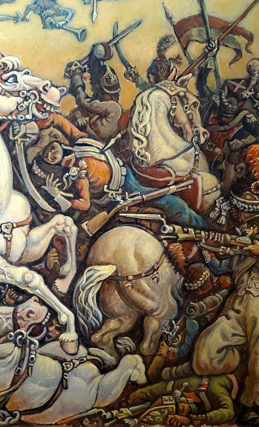 Oil painting Battle by Daniil Litvinov: chaotic medieval knights clash