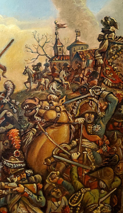 Oil painting Battle by Daniil Litvinov: 18th-century soldiers in combat