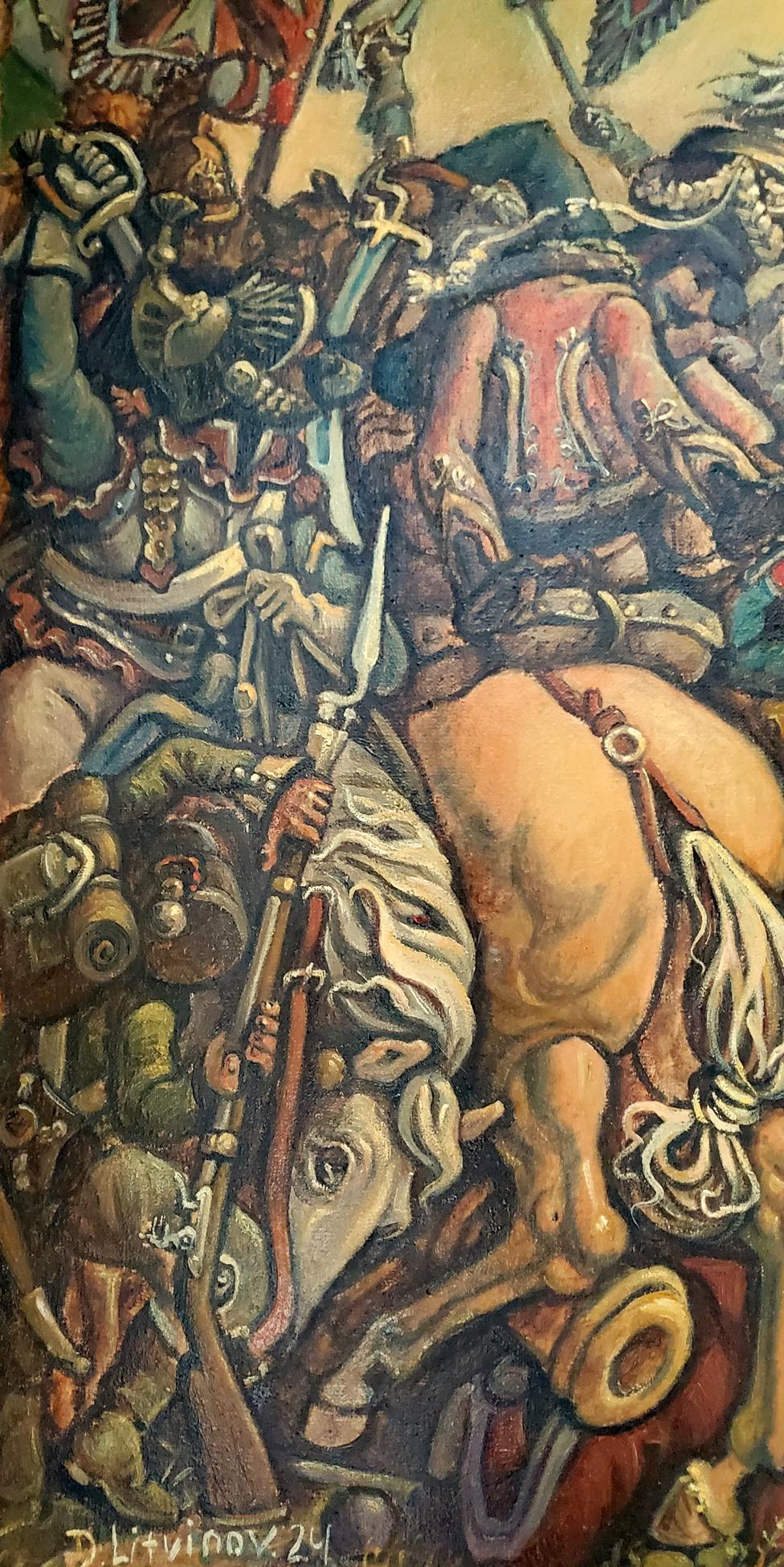 Oil painting Battle by Daniil Litvinov: vibrant armored warriors on horseback