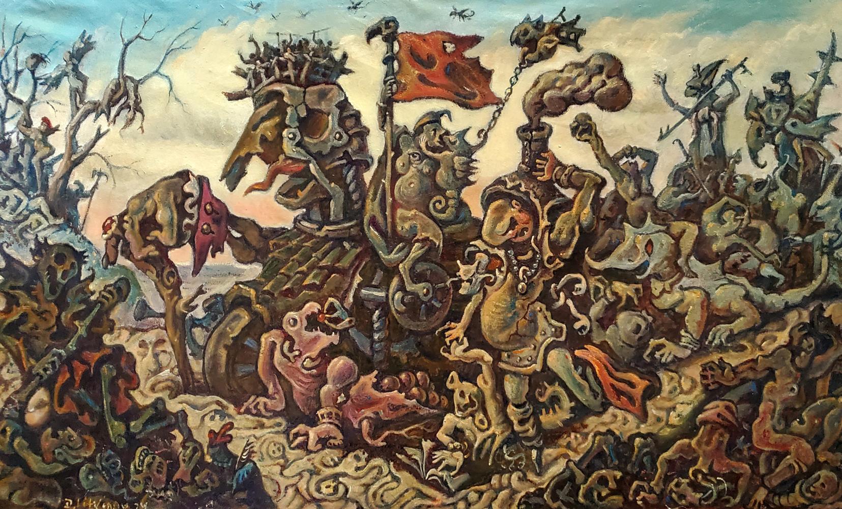 Oil painting Wanderers by Daniil Litvinov: surreal chaotic battle scene