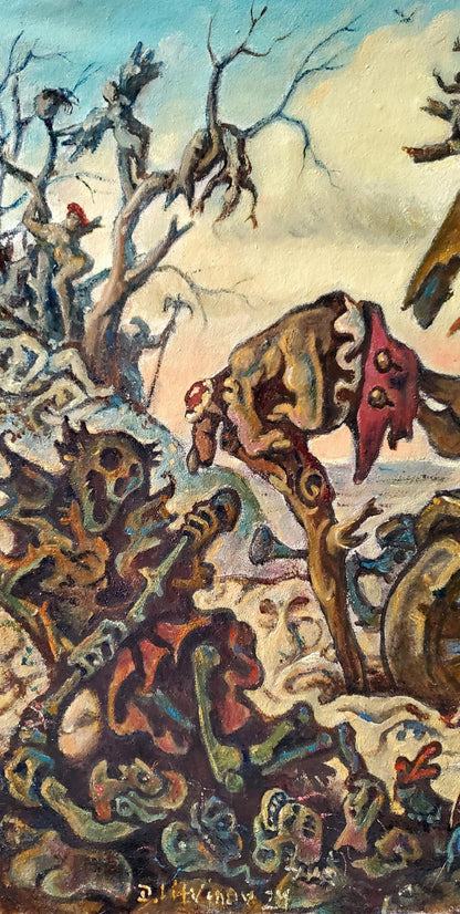 Surreal oil painting Wanderers by Daniil Litvinov with skeletal figures