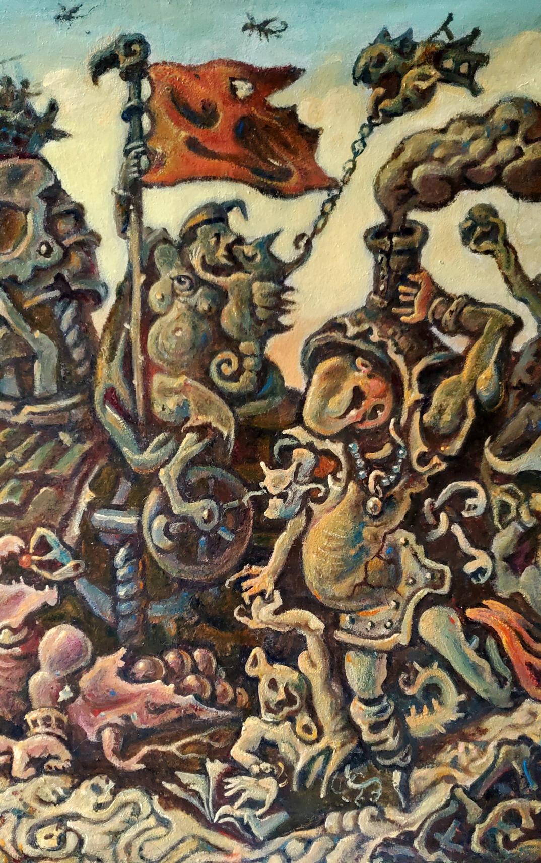 Vibrant surreal oil painting Wanderers by Daniil Litvinov chaotic battle scene