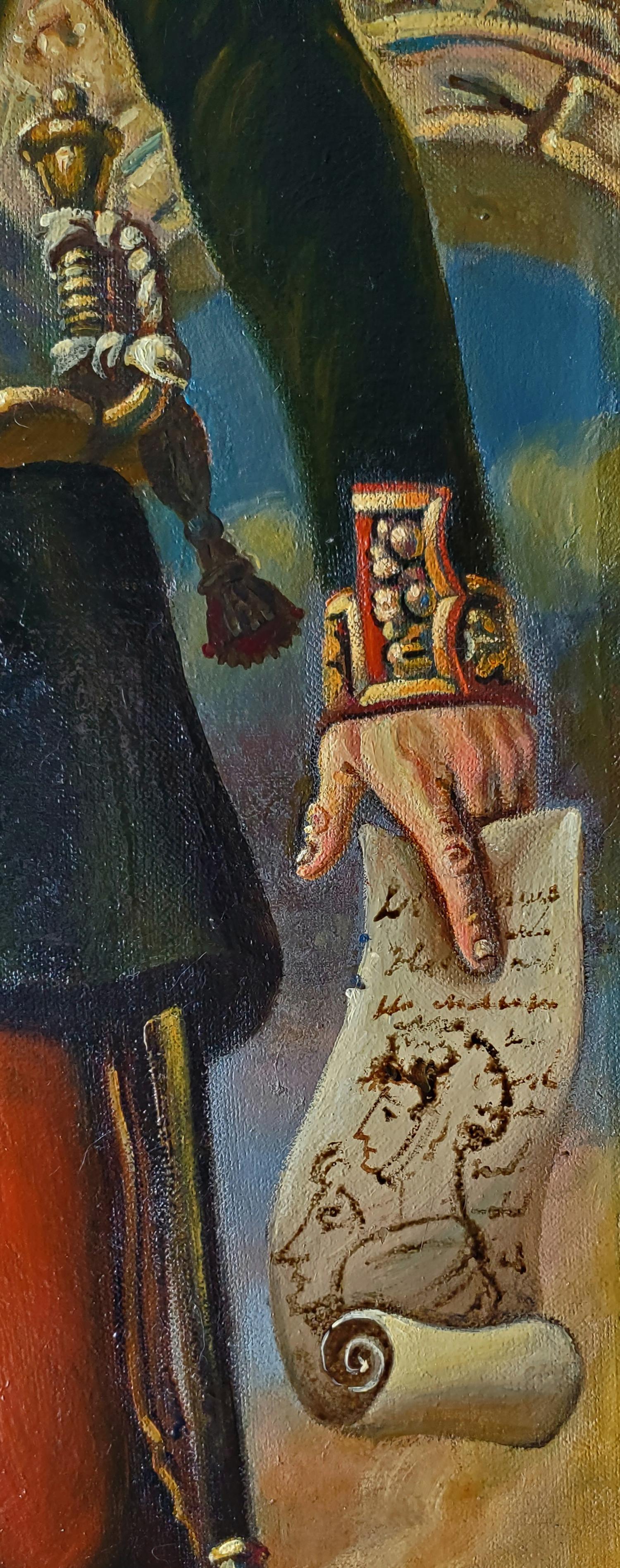 Hand in dark green sleeve holds ornate gold wristwatch of Governor Daniil Litvinov oil painting
