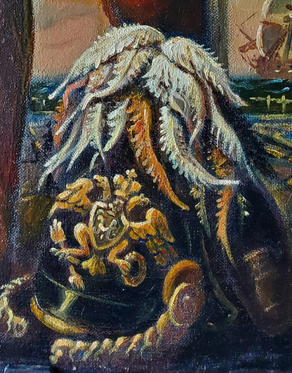 Oil painting portrait of 19th century governor Daniil Litvinov in ornate feathered hat