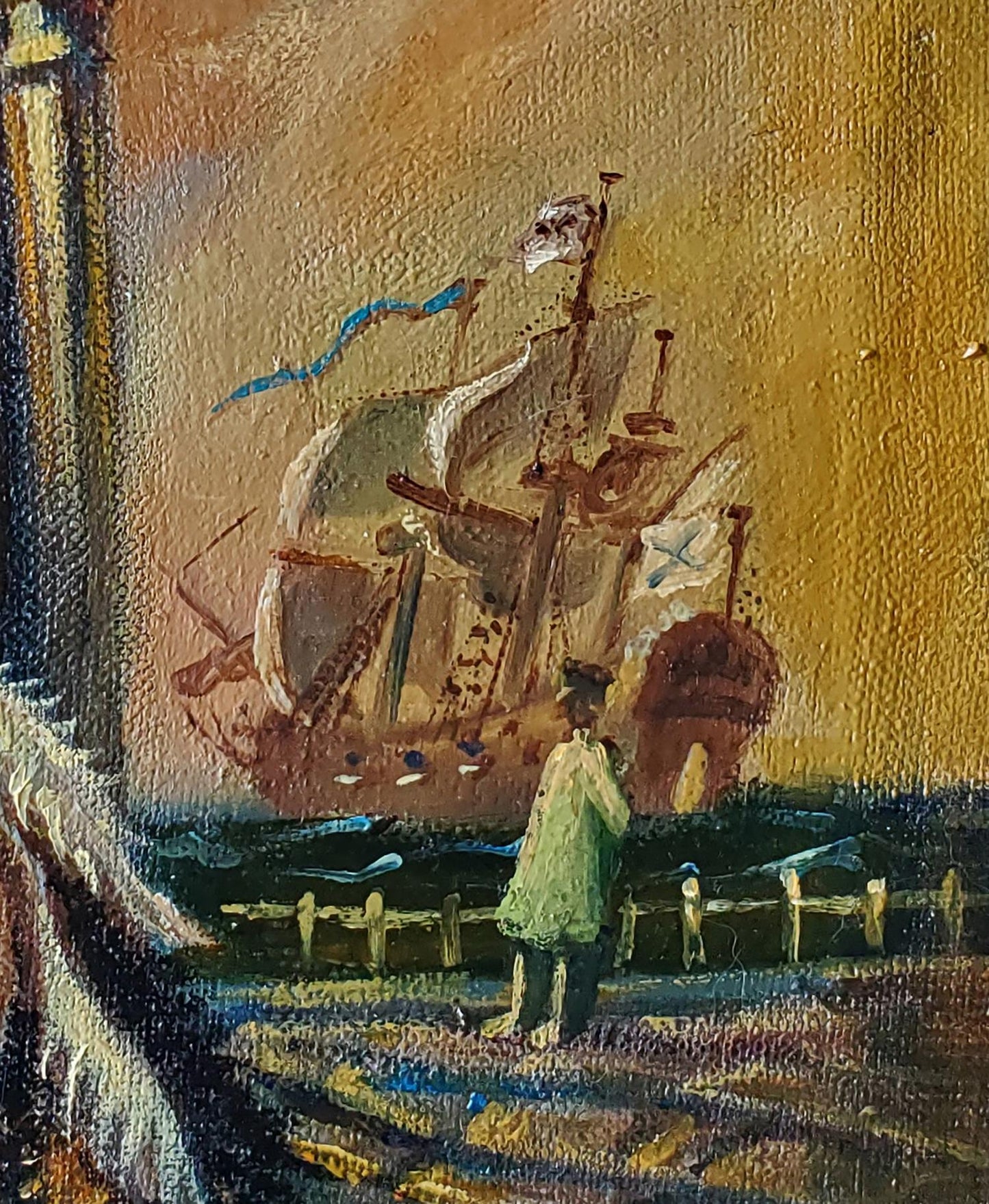 Vintage oil painting of 19th century governor Daniil Litvinov on sailing ship
