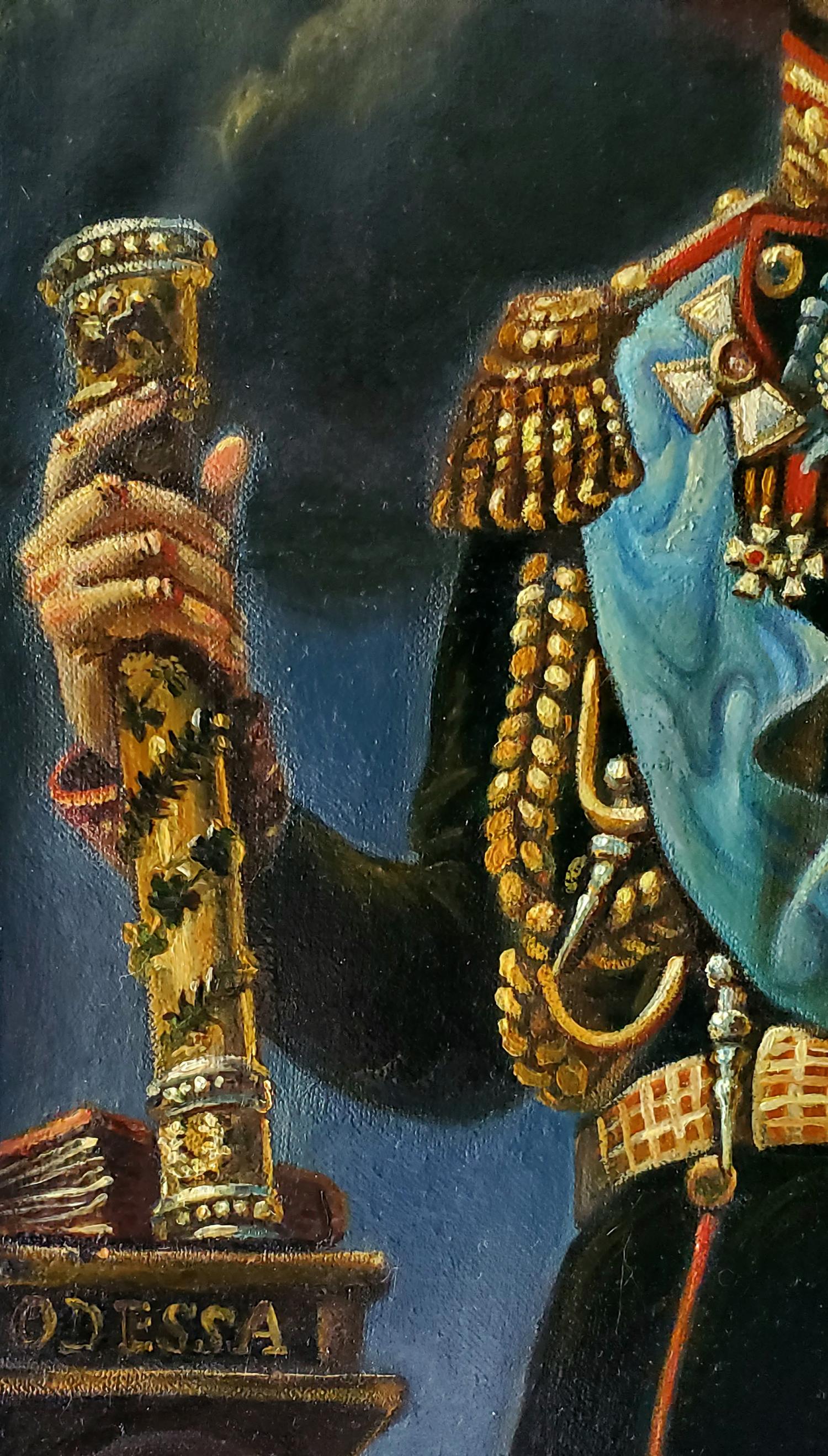 Oil painting of 19th century governor Daniil Litvinov with golden engraved telescope