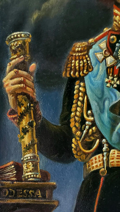 Oil painting of 19th century governor Daniil Litvinov with golden engraved telescope