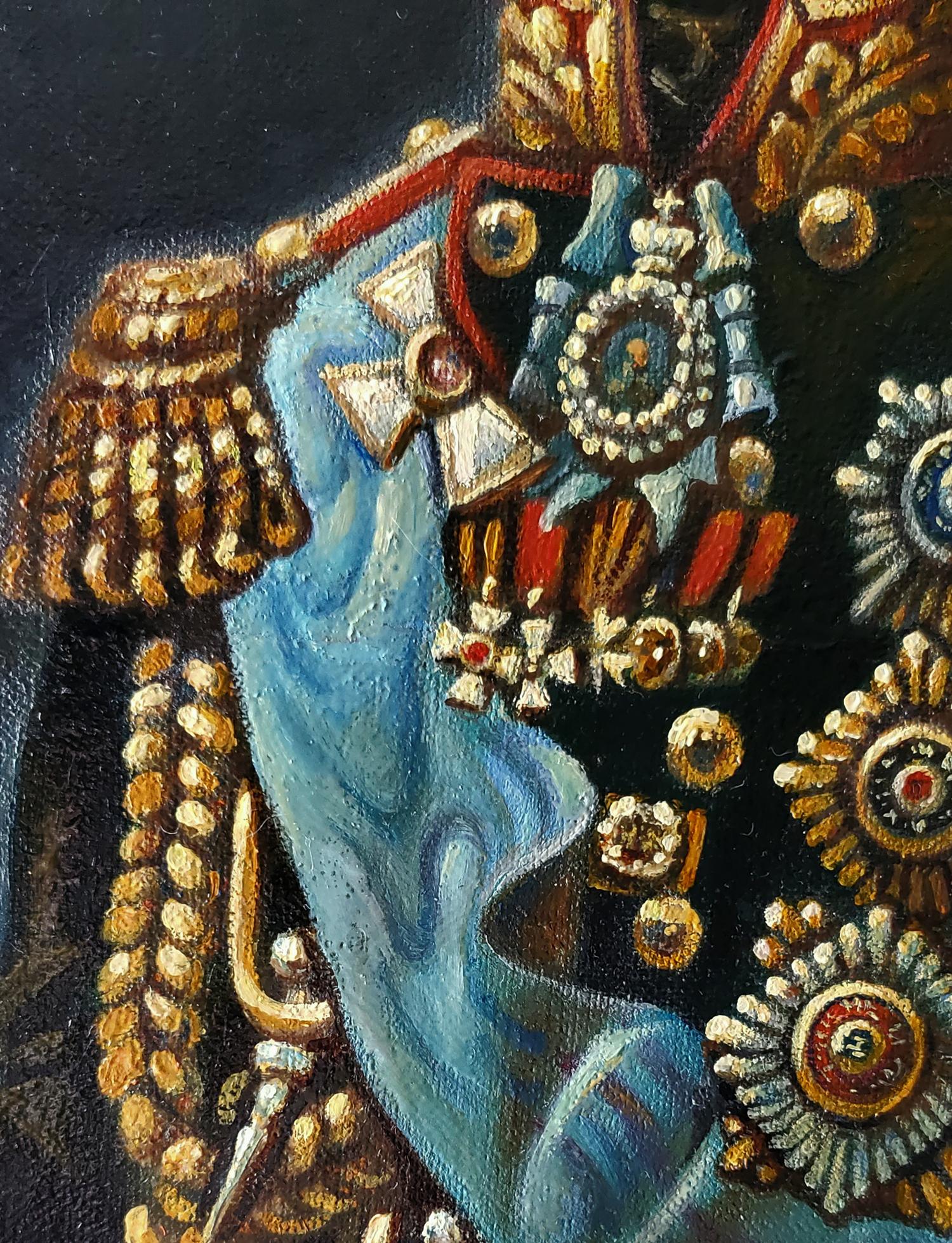 Oil painting portrait of 19th century governor Daniil Litvinov with richly embroidered blue military sash, gold and silver medals, ribbons, and ornate insignia