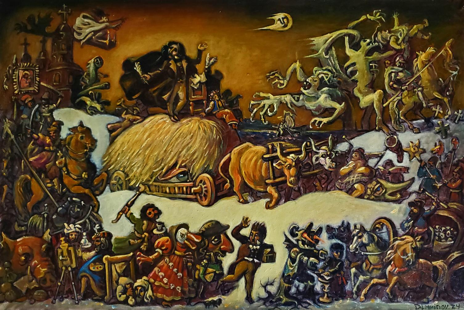 Oil painting Gogol’s Madness by Daniil Litvinov, vibrant chaotic fantastical scene