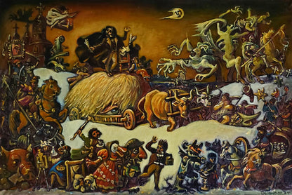 Oil painting Gogol’s Madness by Daniil Litvinov, vibrant chaotic fantastical scene