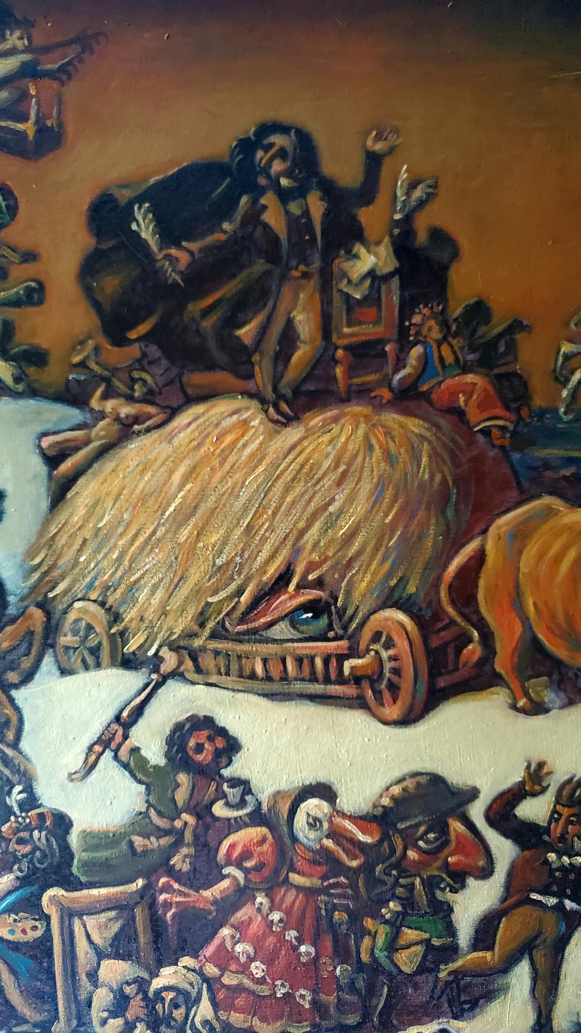 Oil painting Gogol’s Madness by Daniil Litvinov: surreal straw cart with eye