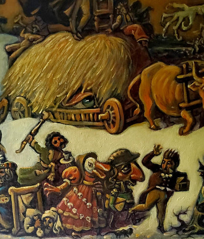 Oil painting Gogols Madness: orange ox pulls straw cart with green eye