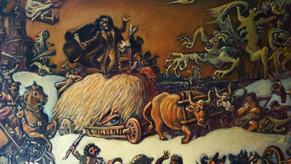 Oil painting Gogols Madness by Daniil Litvinov with surreal chaotic scene