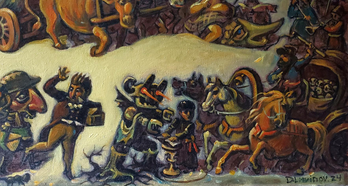 Oil painting Gogols Madness by Daniil Litvinov, chaotic historical scene