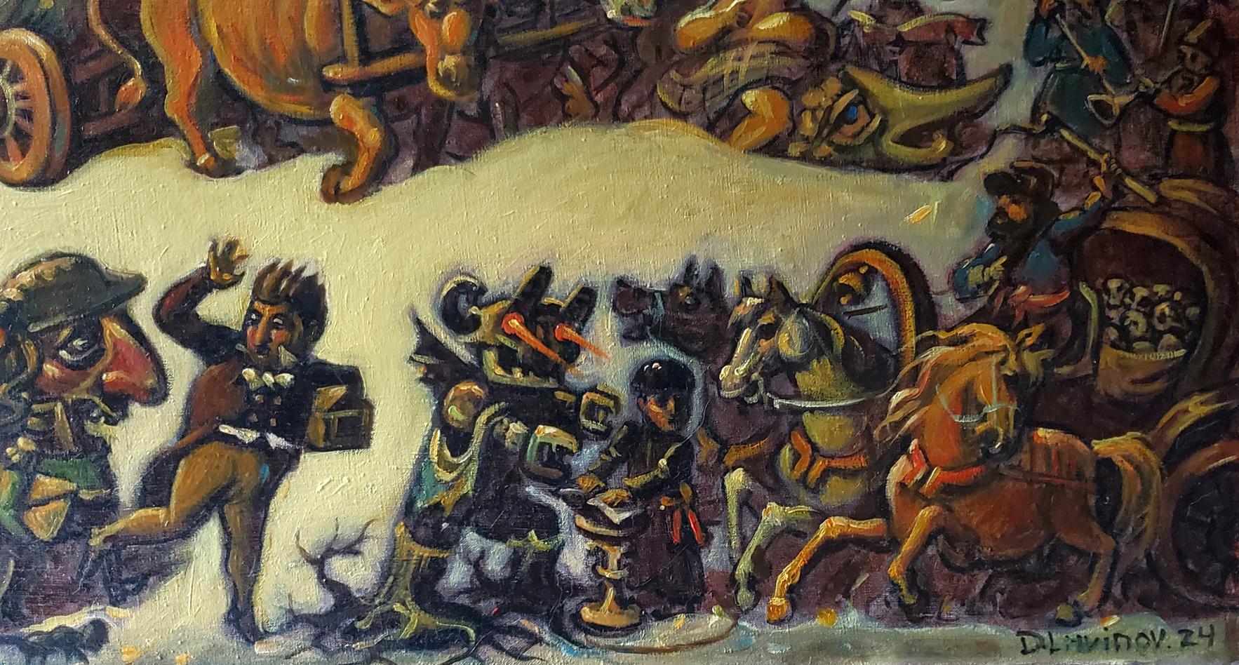 Oil painting Gogols Madness by Daniil Litvinov, chaotic historical scene