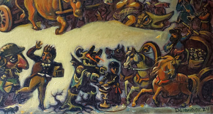 Oil painting Gogols Madness by Daniil Litvinov, chaotic historical scene