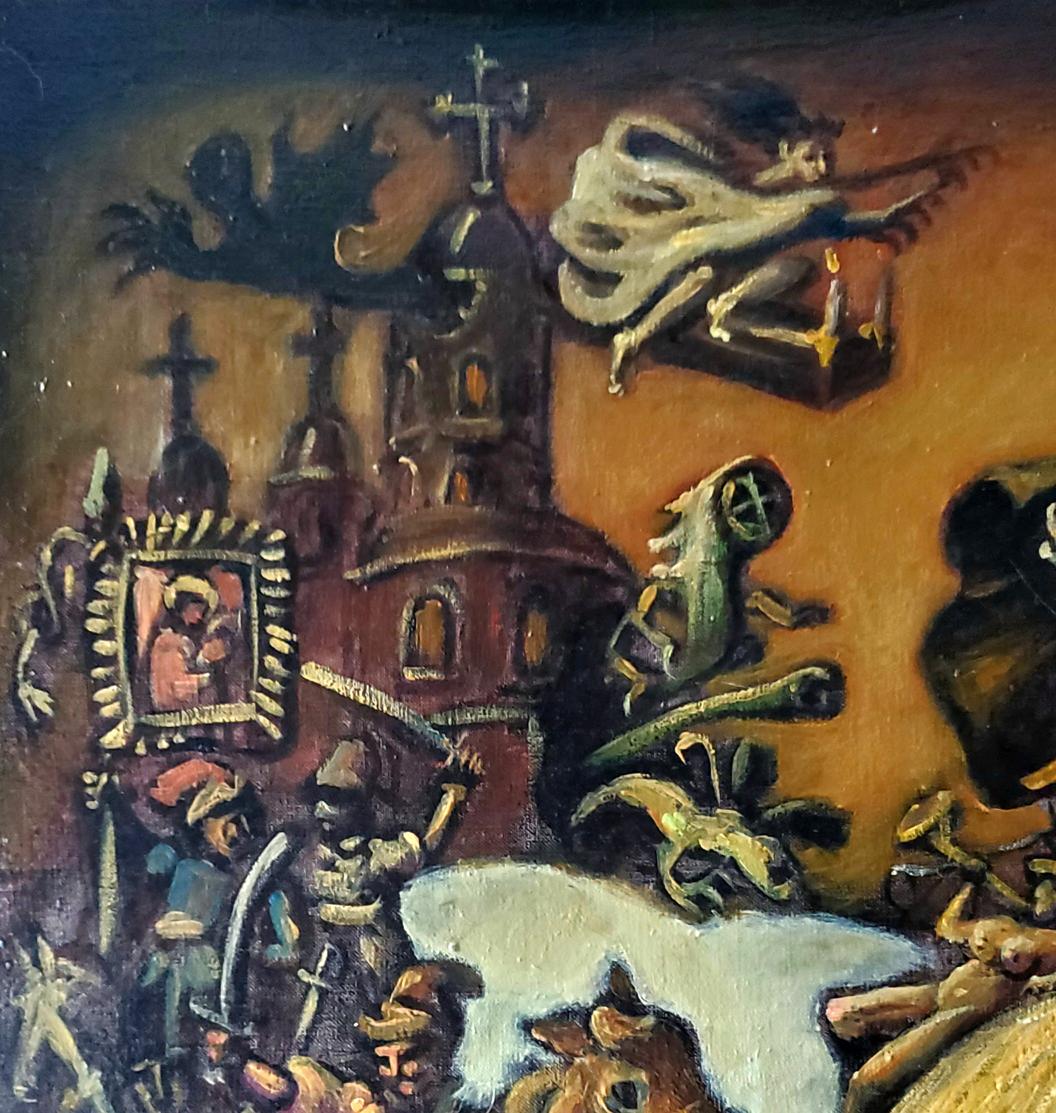 Oil painting Gogols Madness by Daniil Litvinov: vibrant red-brick church