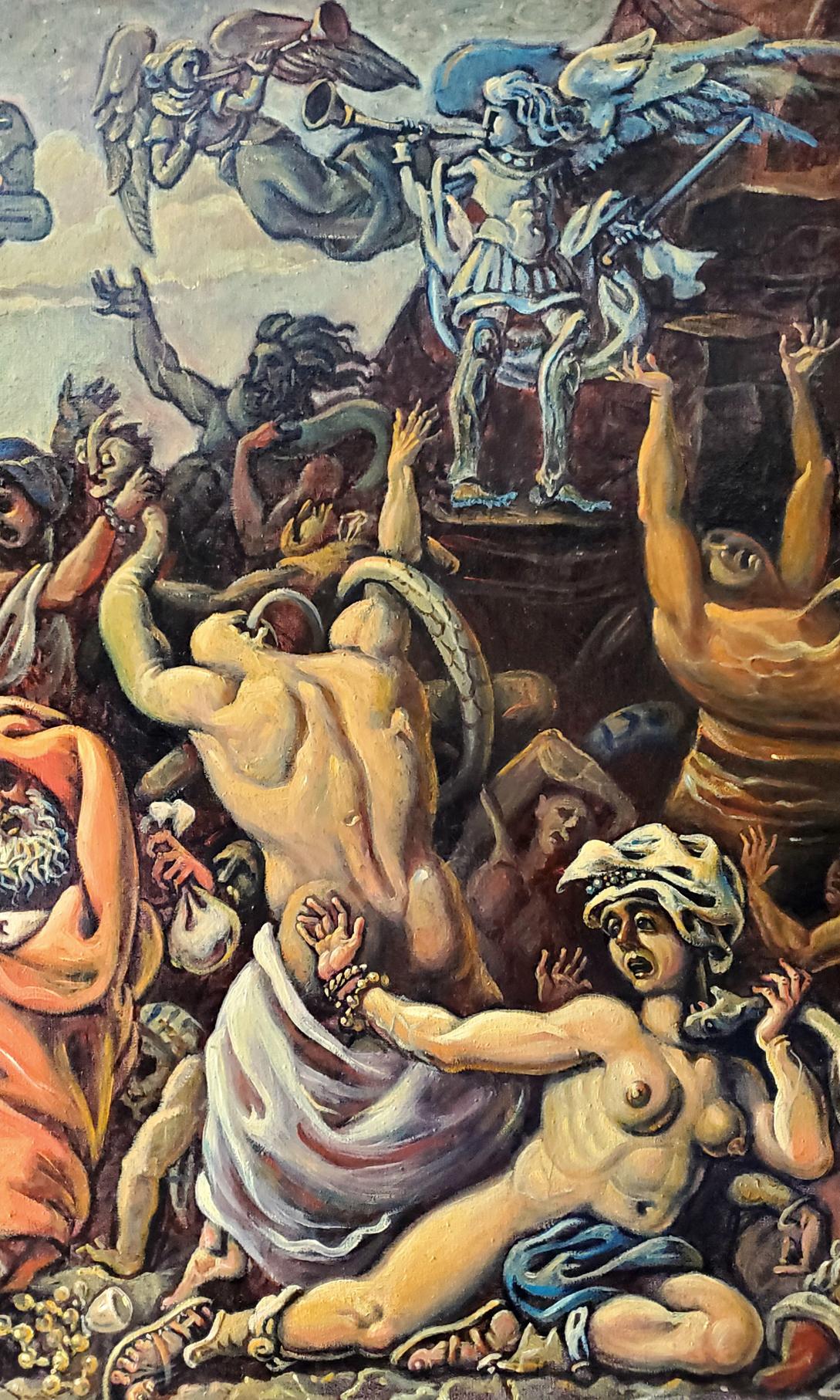 Oil painting The Copper Serpent by Daniil Litvinov: angels vs demons battle