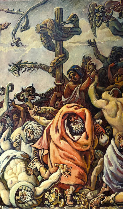 Oil painting The Copper Serpent by Daniil Litvinov with central figure in orange cloth