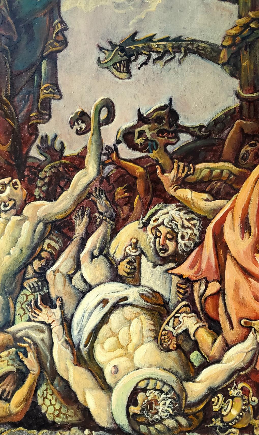 Oil painting The Copper Serpent by Daniil Litvinov with white-haired muscular figure and grotesque creatures