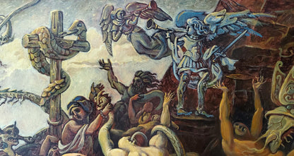 Oil painting The Copper Serpent by Daniil Litvinov: armored angel with sword