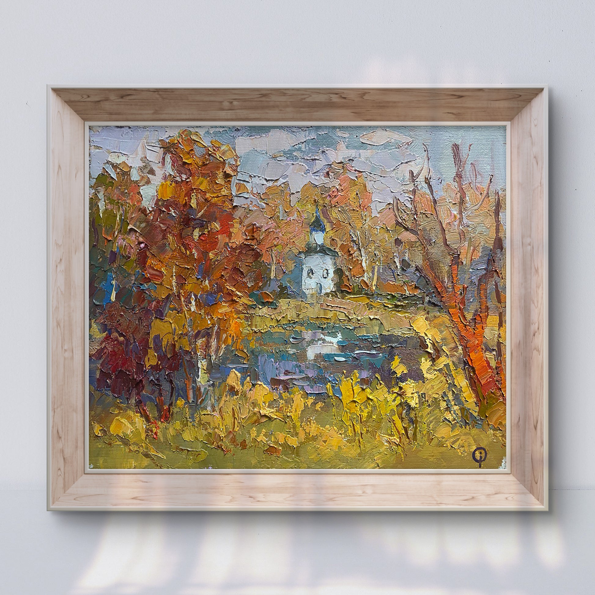 Oil painting Above the autumn lake by Oksana Ivanyuk with chapel and foliage