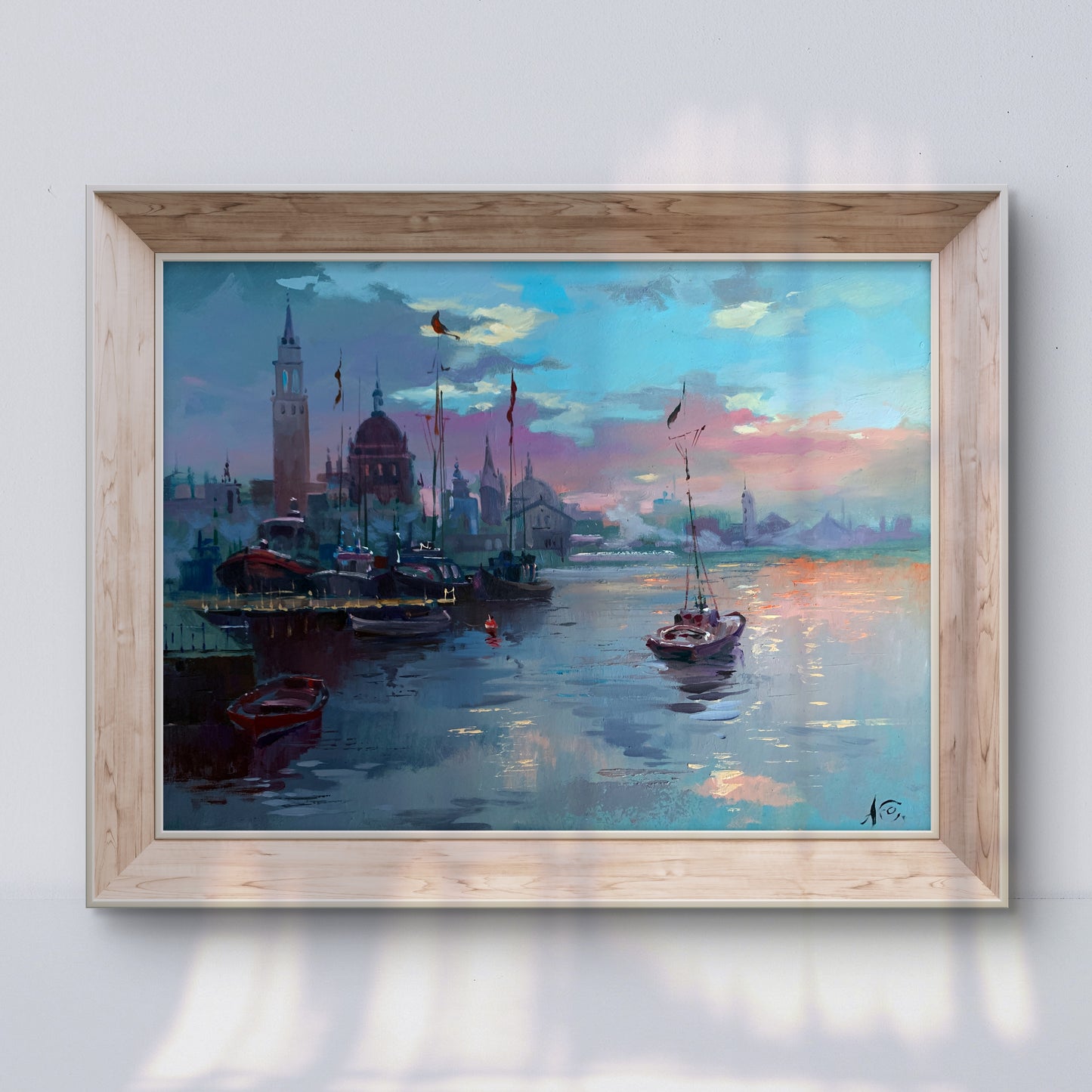 Oil painting Romantic Sailing by Yuriy Suprunchuk, serene harbor scene