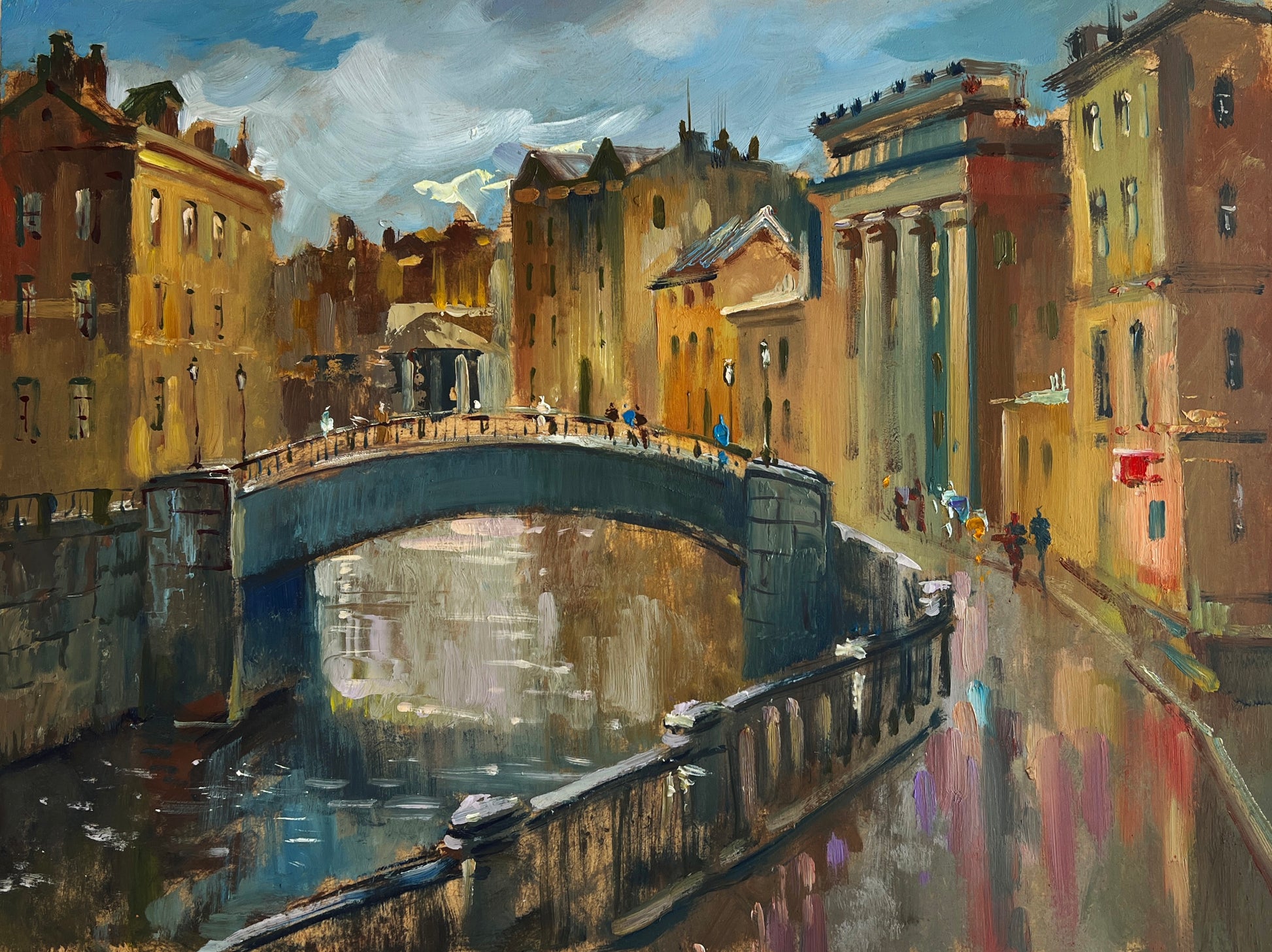 Yuriy Suprunchuk painted cityscape with stone arch bridge over canal