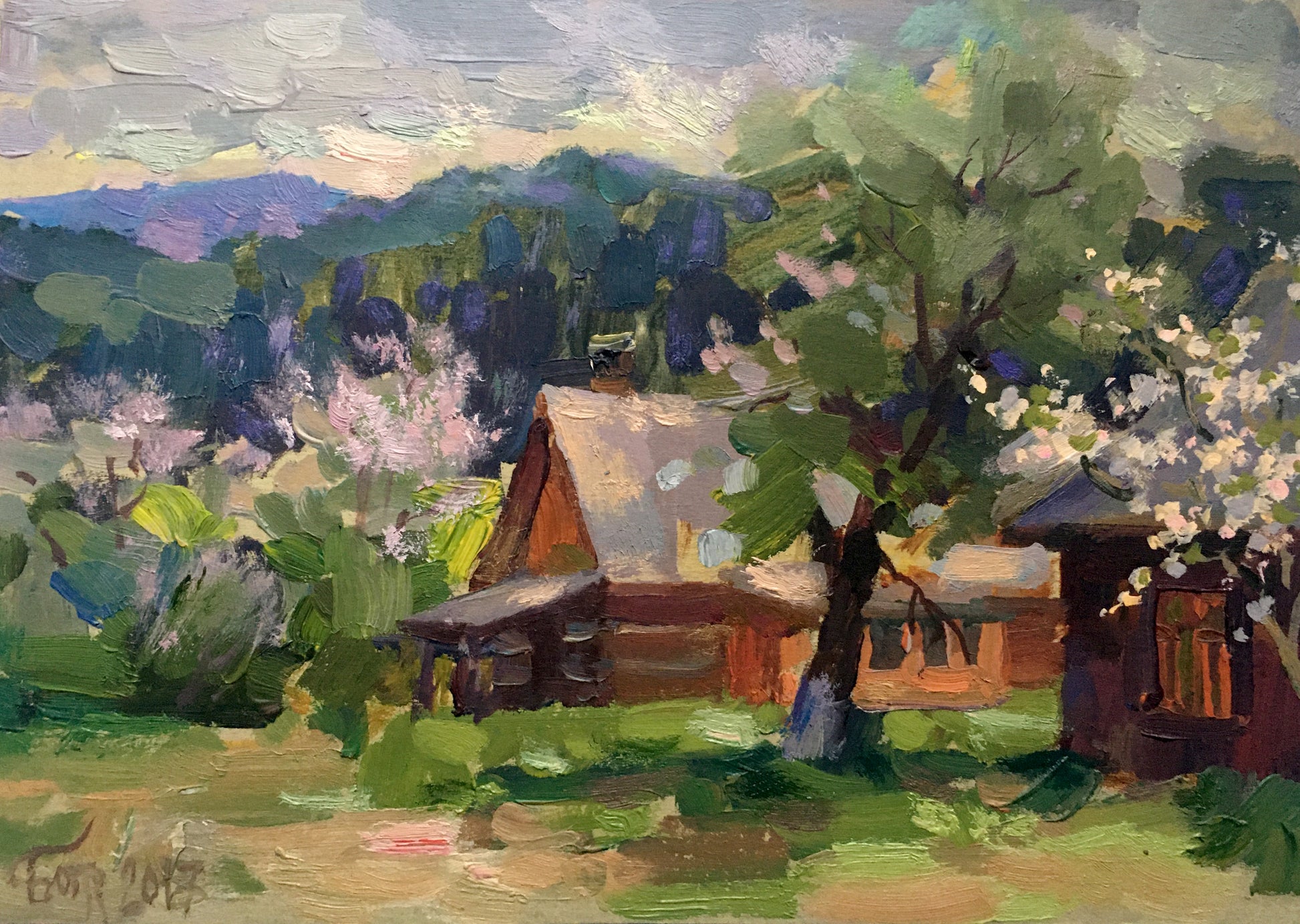 Rustic wooden cabin in blooming trees by Vladimir Batrakov fine art print