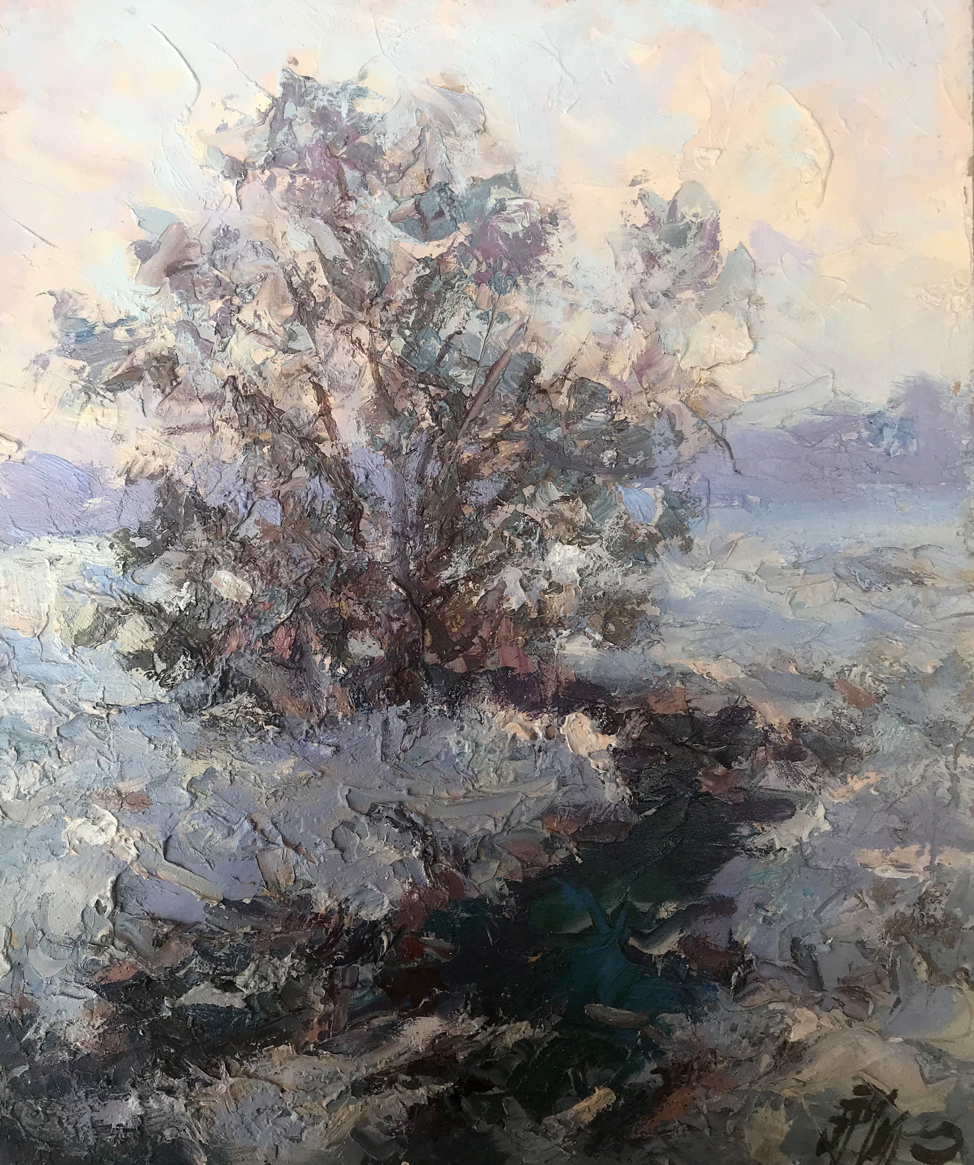 Textured impressionist snow tree painting by Alexander Cherednichenko, wholesale fine art