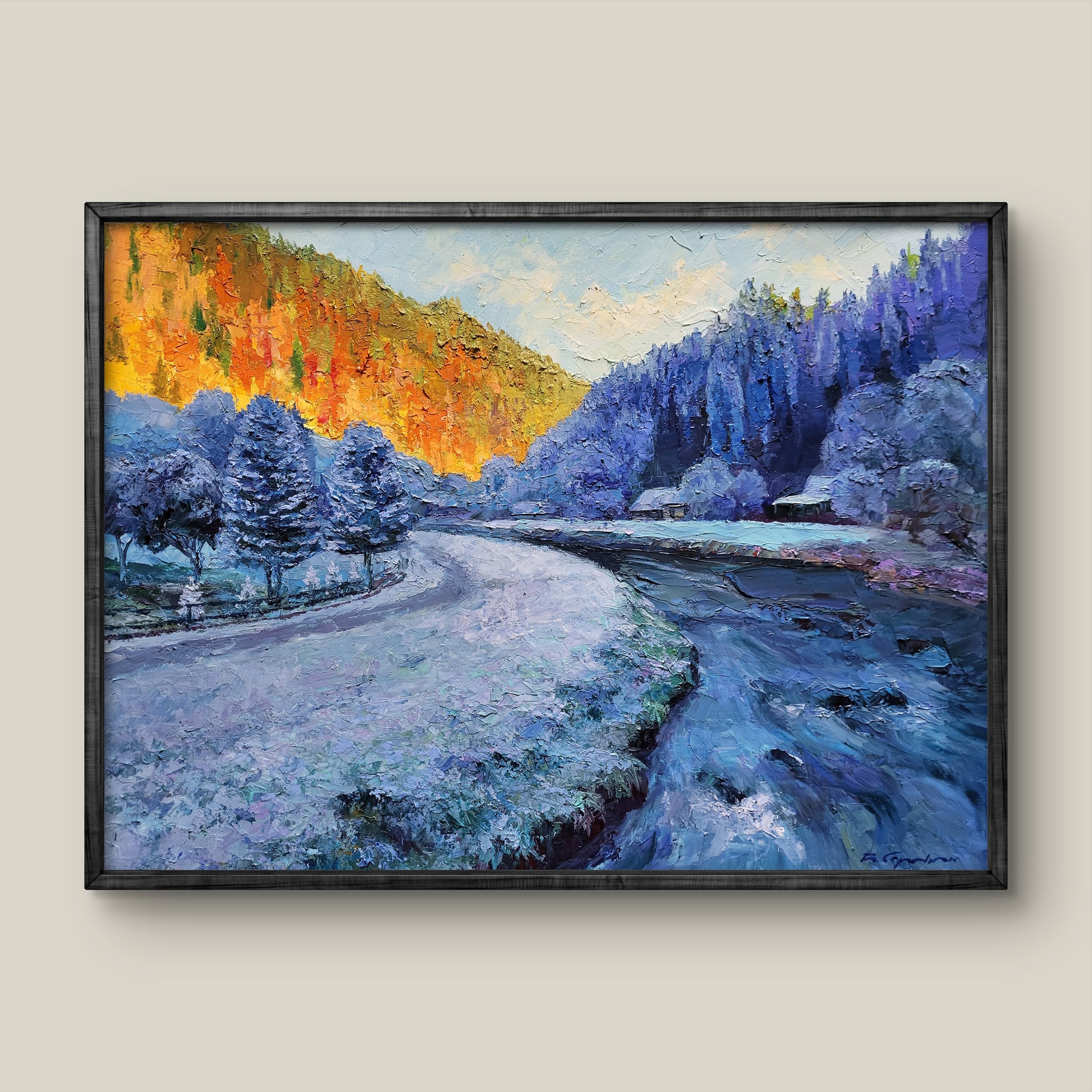 Framed oil painting Morning frost by Boris Serdyuk snowy landscape