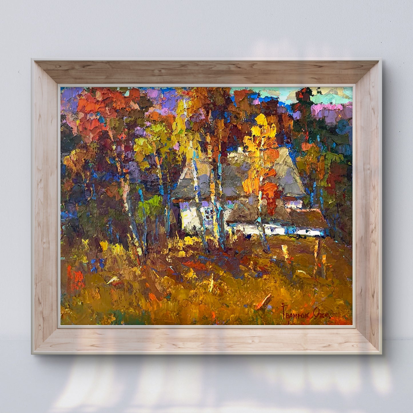 Oil painting Evening primrose by Oksana Ivanyuk, vibrant autumn village scene