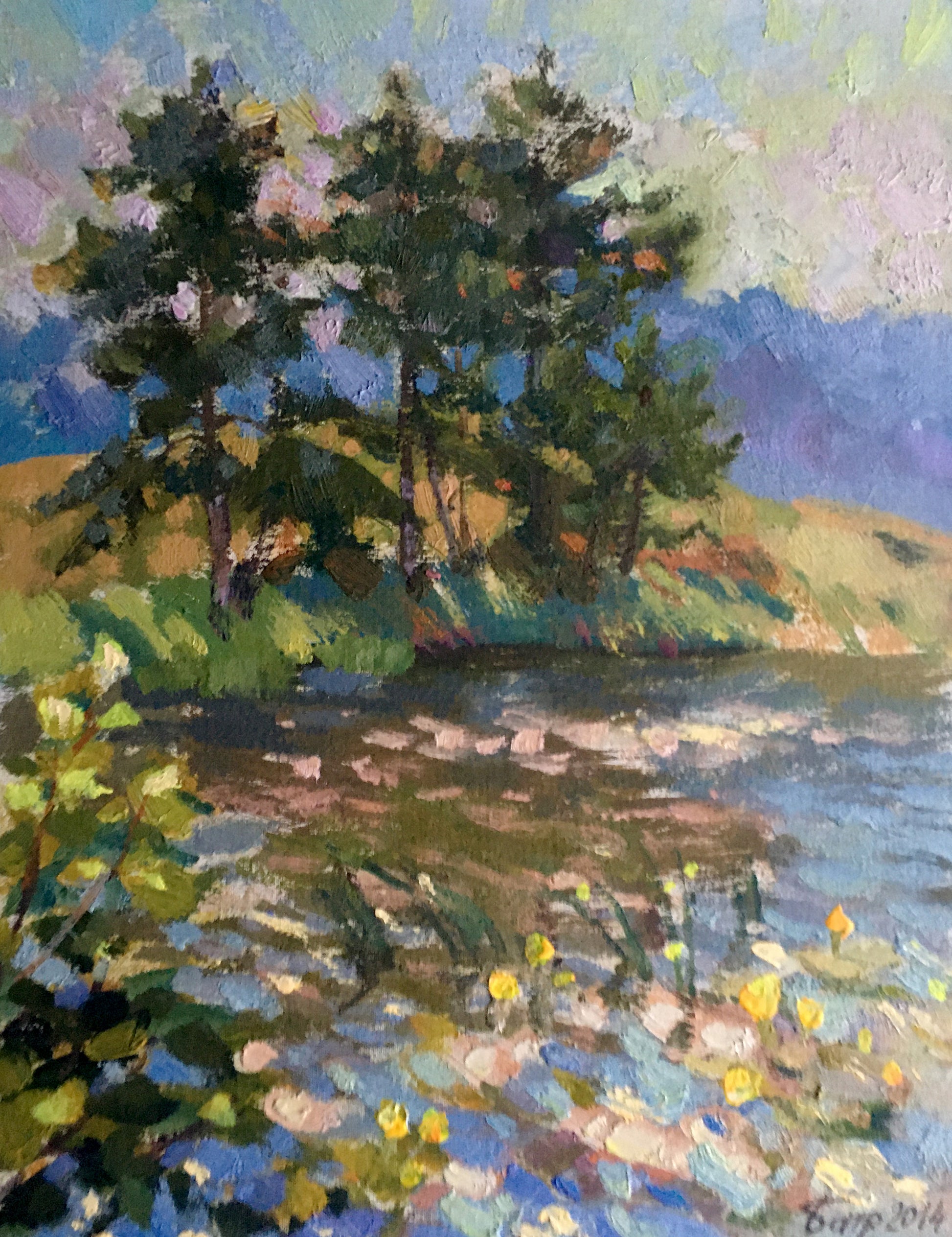 Vibrant impressionist painting by Vladimir Batrakov: green trees, purple blossoms, calm water reflection