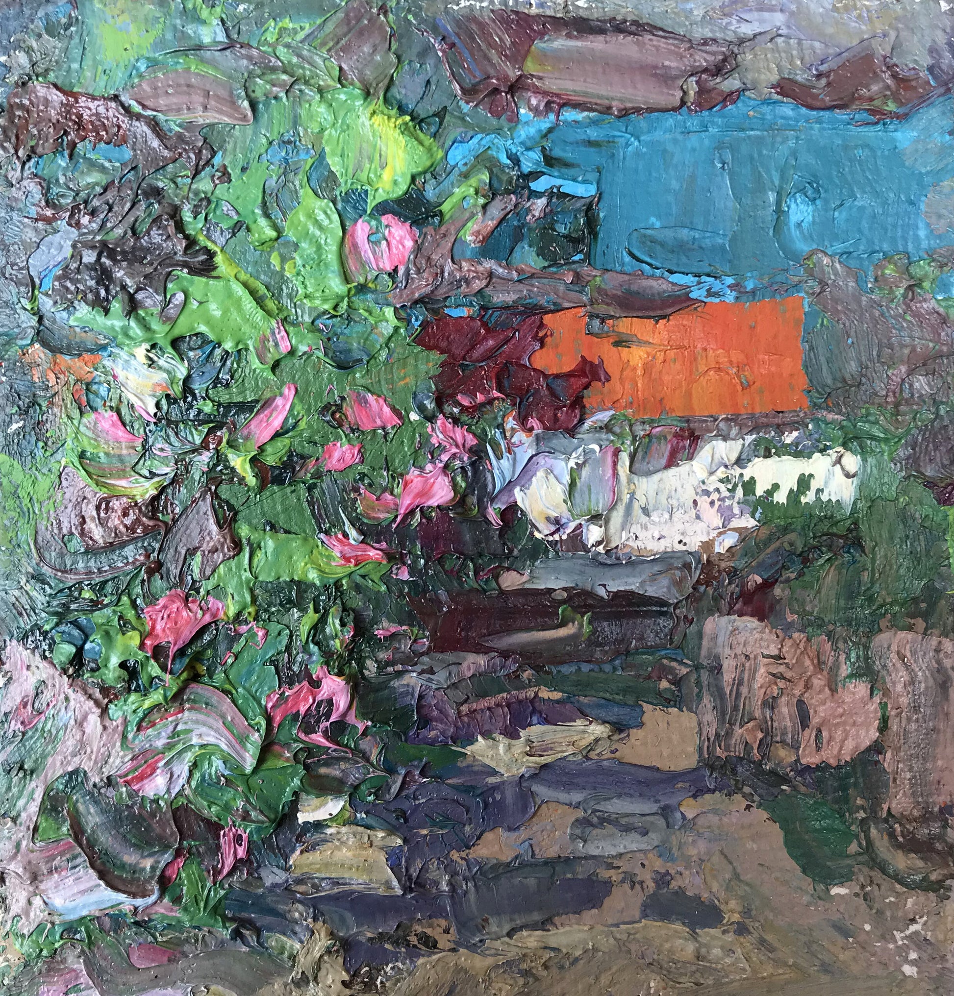 Vibrant oil painting by Alexander Cherednichenko: green foliage, pink blossoms, orange, blue sky