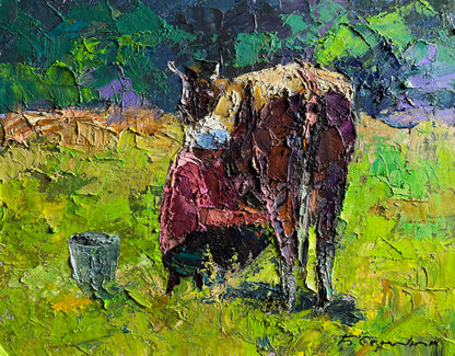 Boris Serdyuk impressionistic cow painting in earthy tones on green grass