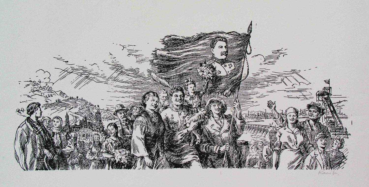 Rare Vasyl Kasiyan black-and-white engraved crowd celebration print
