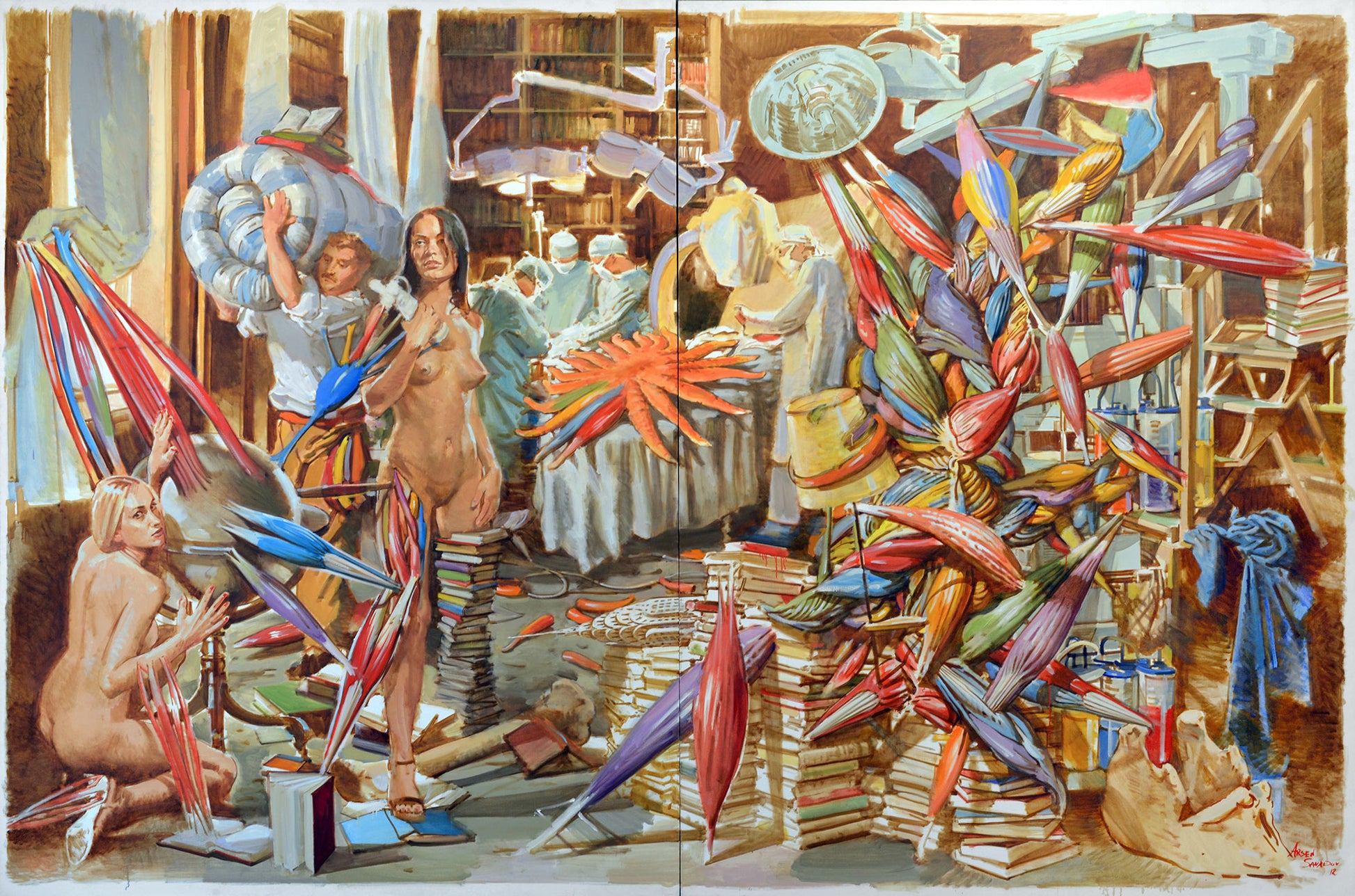 Arsen Savadov Ukrainian New Baroque painting of chaotic workshop with umbrellas and books