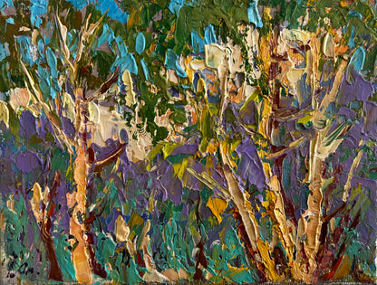 Vibrant impasto tree painting in greens blues purples golds by Oleksiy & Oksana Ivaniuk