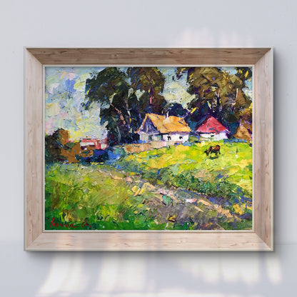 Oil painting Edge of the village by Ivanyuk Alex, rustic countryside scene