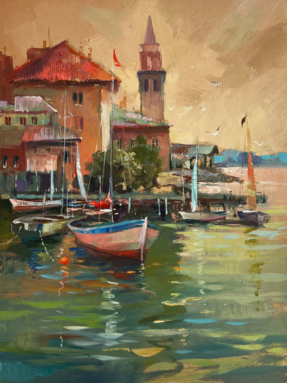Yuriy Suprunchuk serene harbor painting, wholesale original art $95 each
