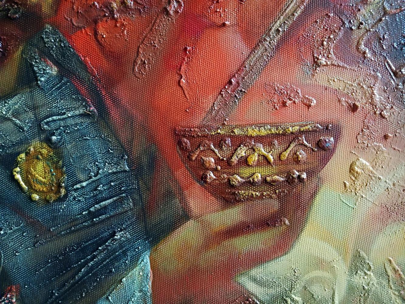 Abstract oil painting Scythian legend by Anatoly Tarabanov with denim texture