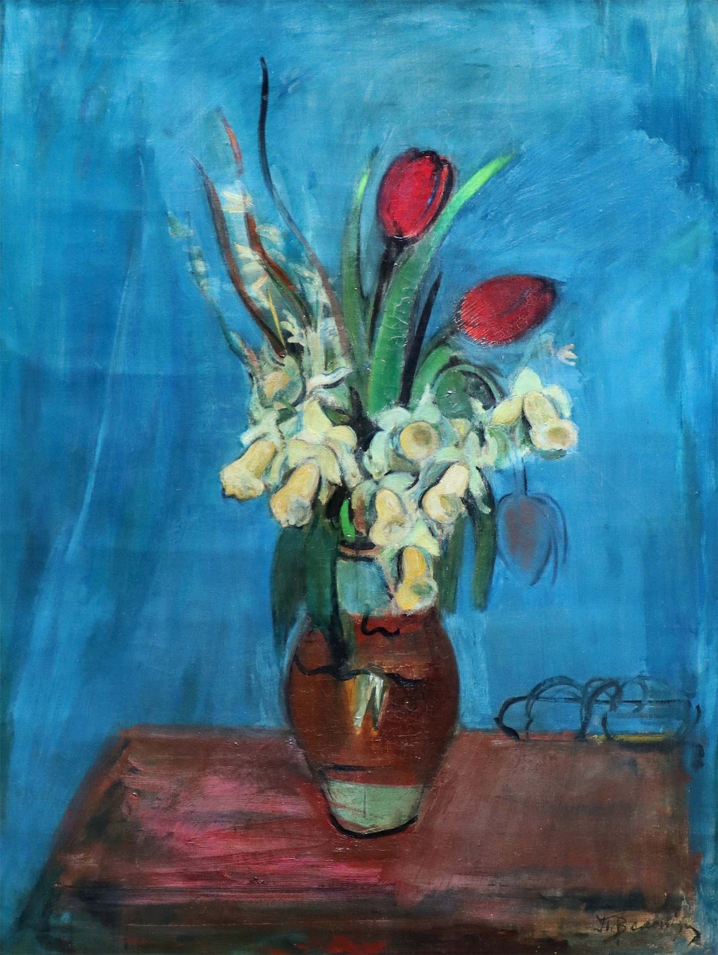 Rare Impressionist oil painting of red tulips and white daffodils in vase