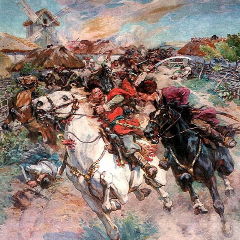 Mykola Samokysh Ukrainian war art collectible: chaotic battle with mounted warriors