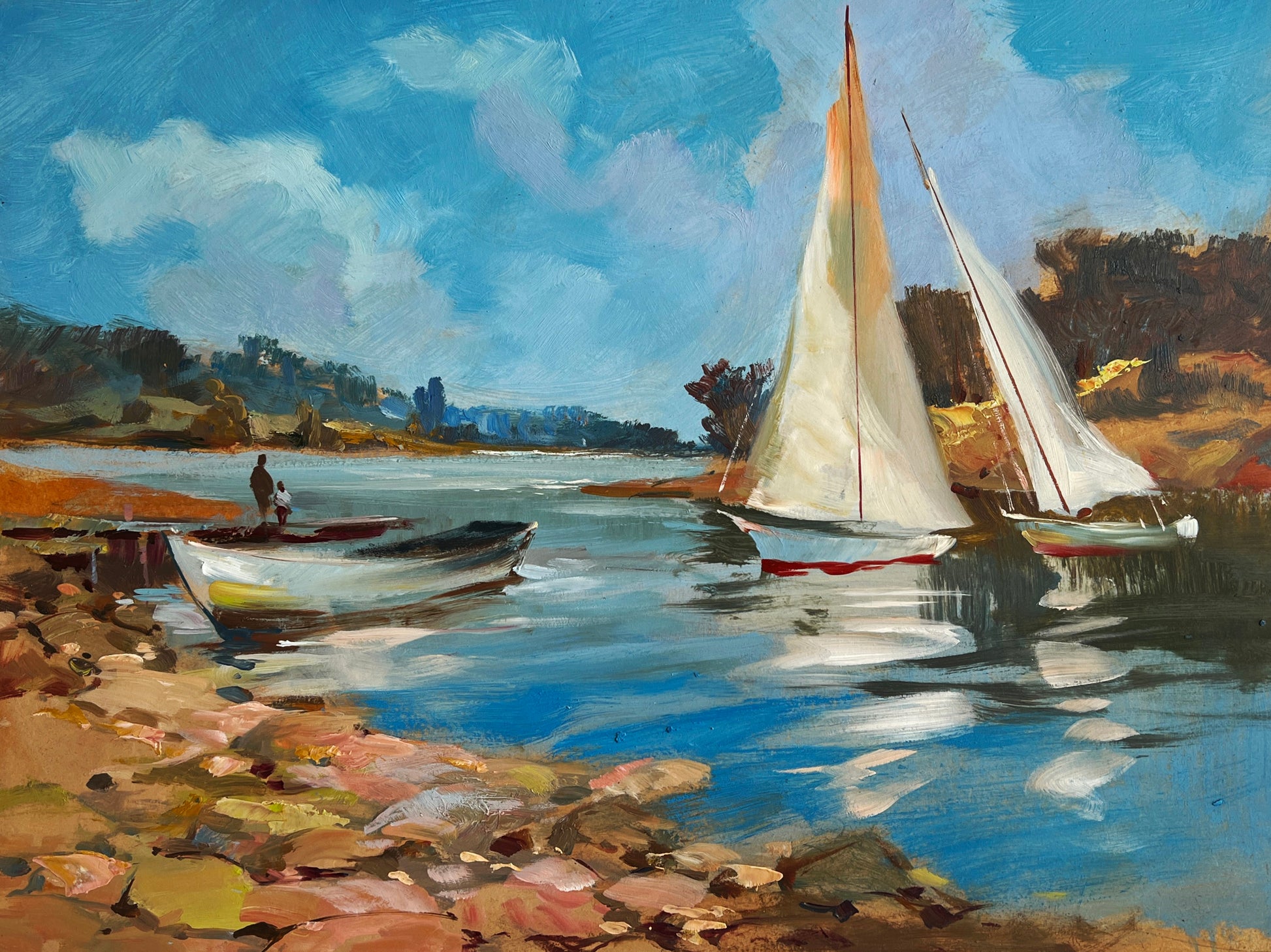 Serene oil painting of white-sailed boats on calm waters by Yuriy Suprunchuk