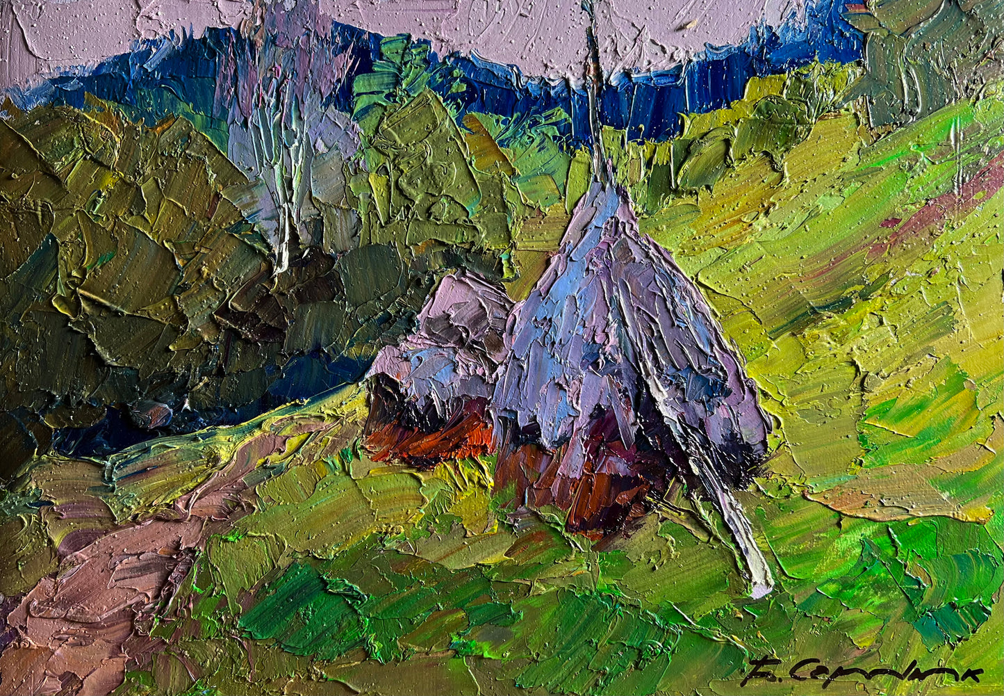 Boris Serdyuk impressionistic purple brown bird painting on grass